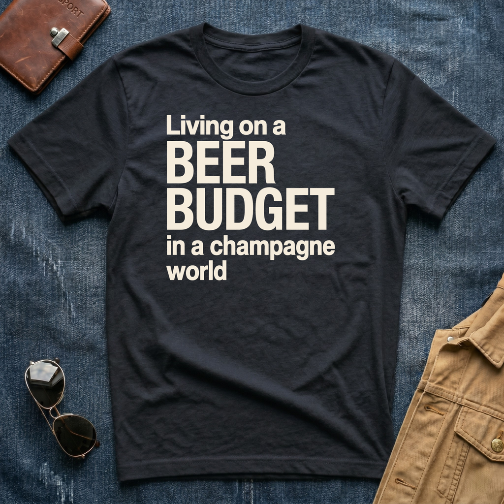 Living on a Beer Budget In A Champagne World T‑Shirt
