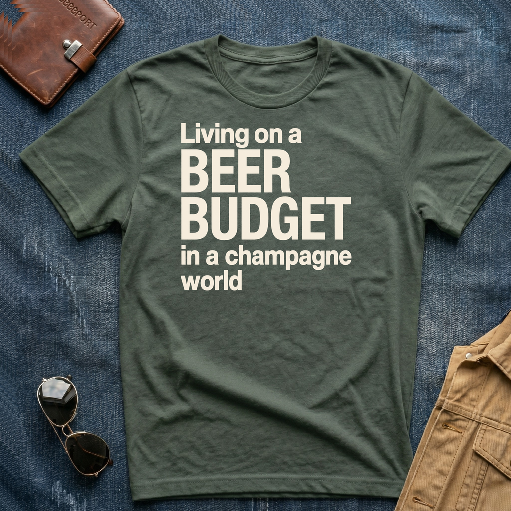 Living on a Beer Budget In A Champagne World T‑Shirt
